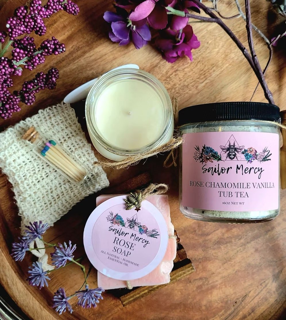 luxury self care gift box with candle, soap, tub tea, and natural skincare items