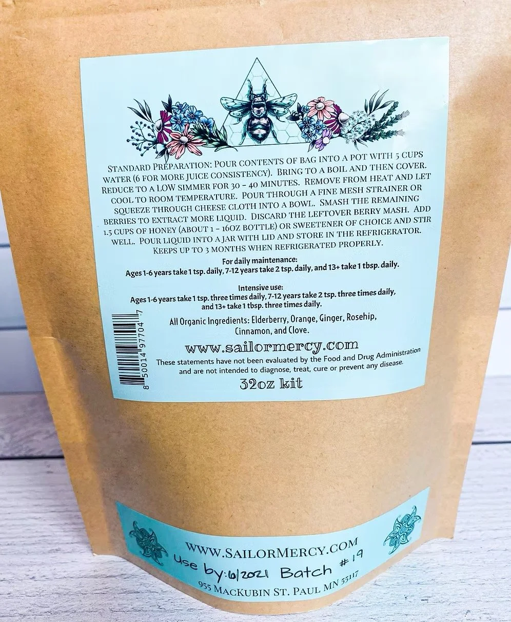 elderberry syrup kit packaging with ingredients and instructions label