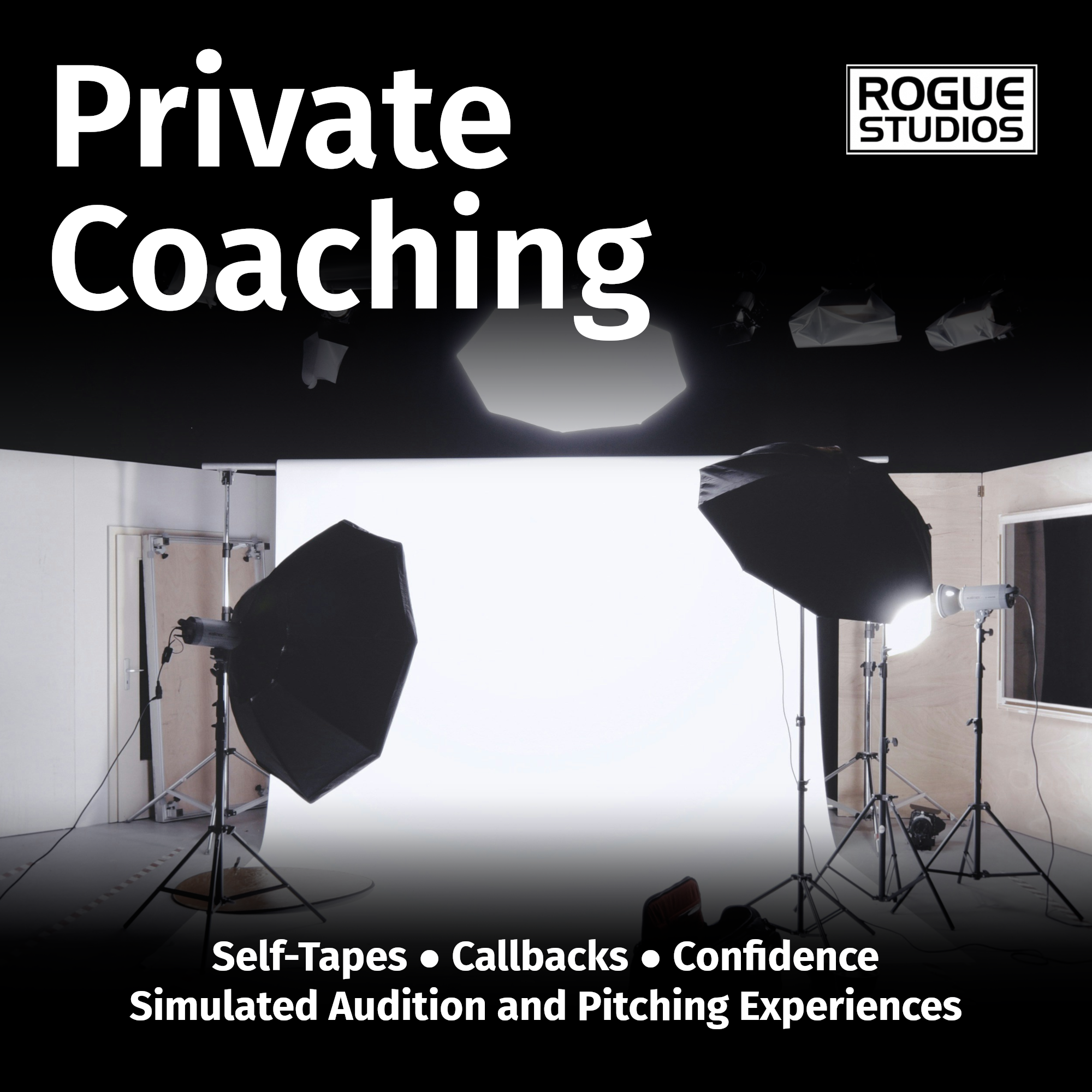 Photo of a recording studio with lights, umbrellas, and background for filming. Text on image reads "Private Coaching" with additional text "Self-Tapes, Callbacks, Confidence, Simulated Audition and Pitching Experiences." Logo for Rogue Studios in to
