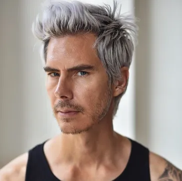Close-up of a man with silver hair and a serious expression, wearing a black tank top.