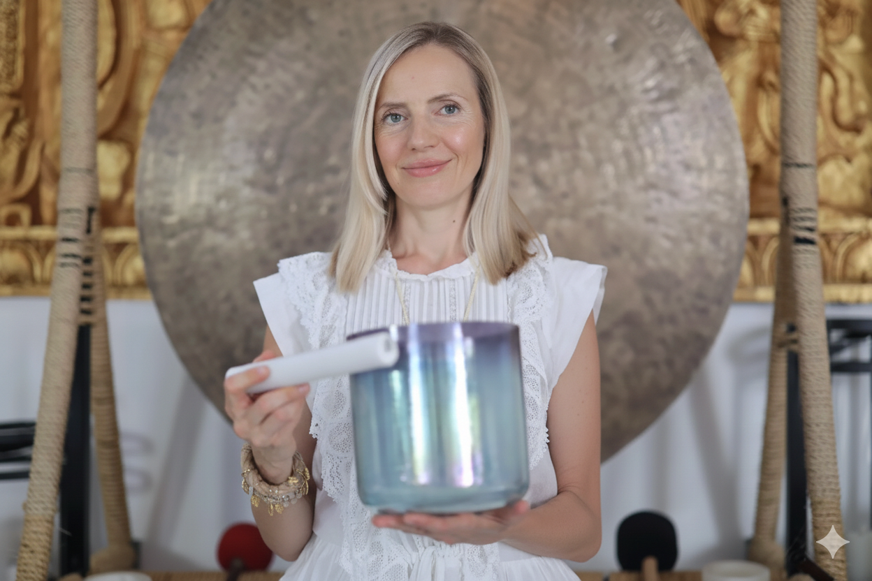A woman in a white top holding a brass singing bowl, standing in front of a large gong suspended in a wooden frame.
