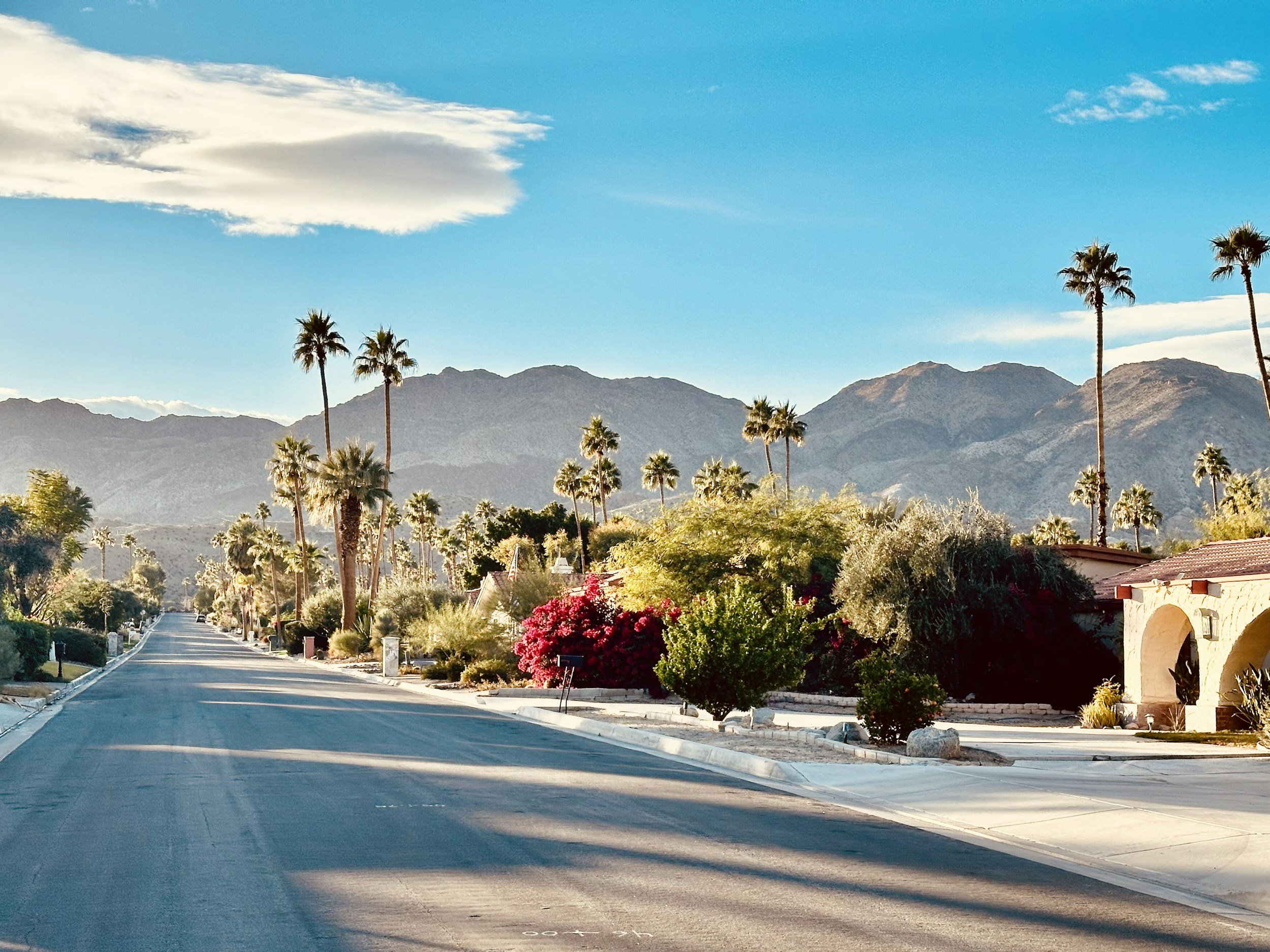 A street in a desert-like area with mountains in the background, tall palm trees lining the street, and houses with arched doorways and red-tiled roofs, under a blue sky with some clouds.