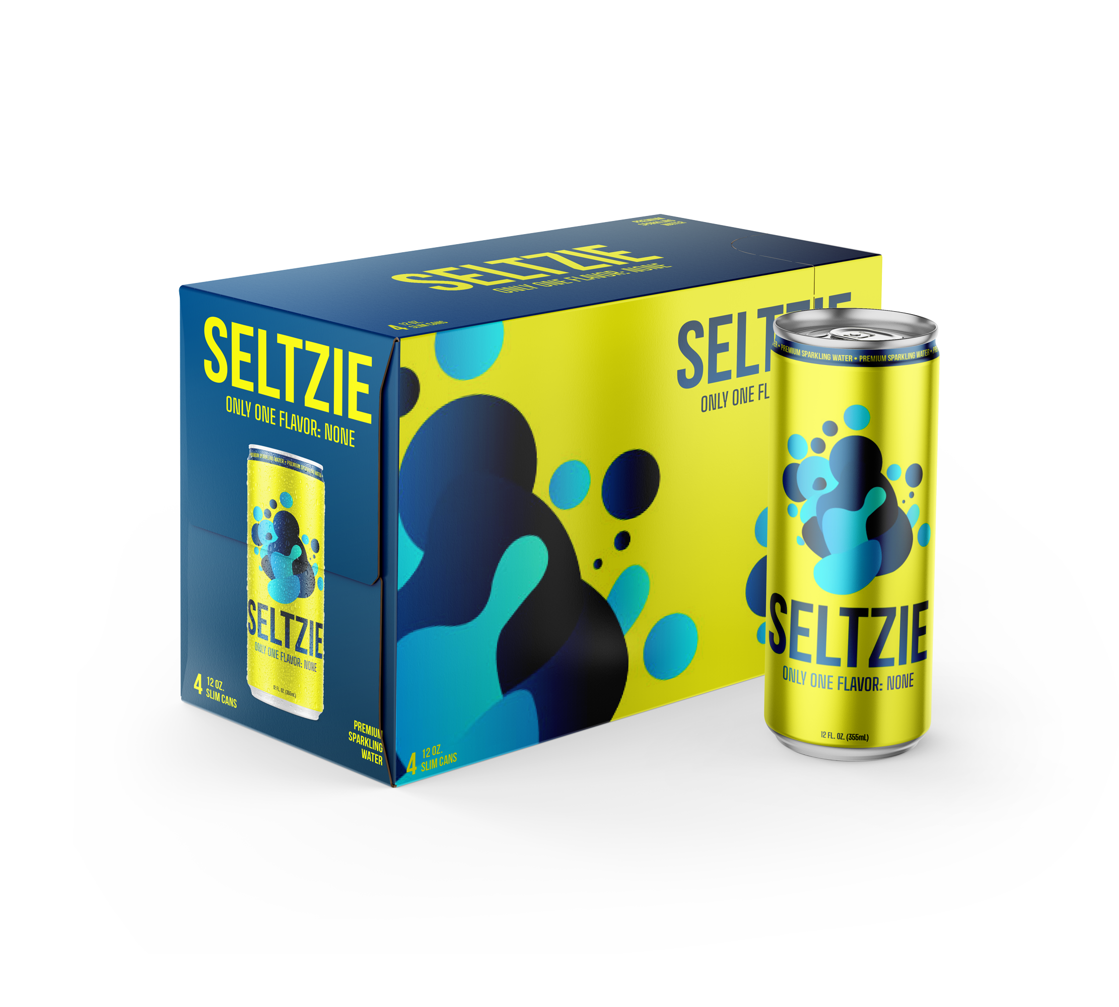 A yellow and blue box of Seltzie sparkling water with a can outside the box. The box contains four Slim cans, and the can has a yellow background with blue and black abstract bubbles, with the text 'Seltzie, Only One Flavor: None'.