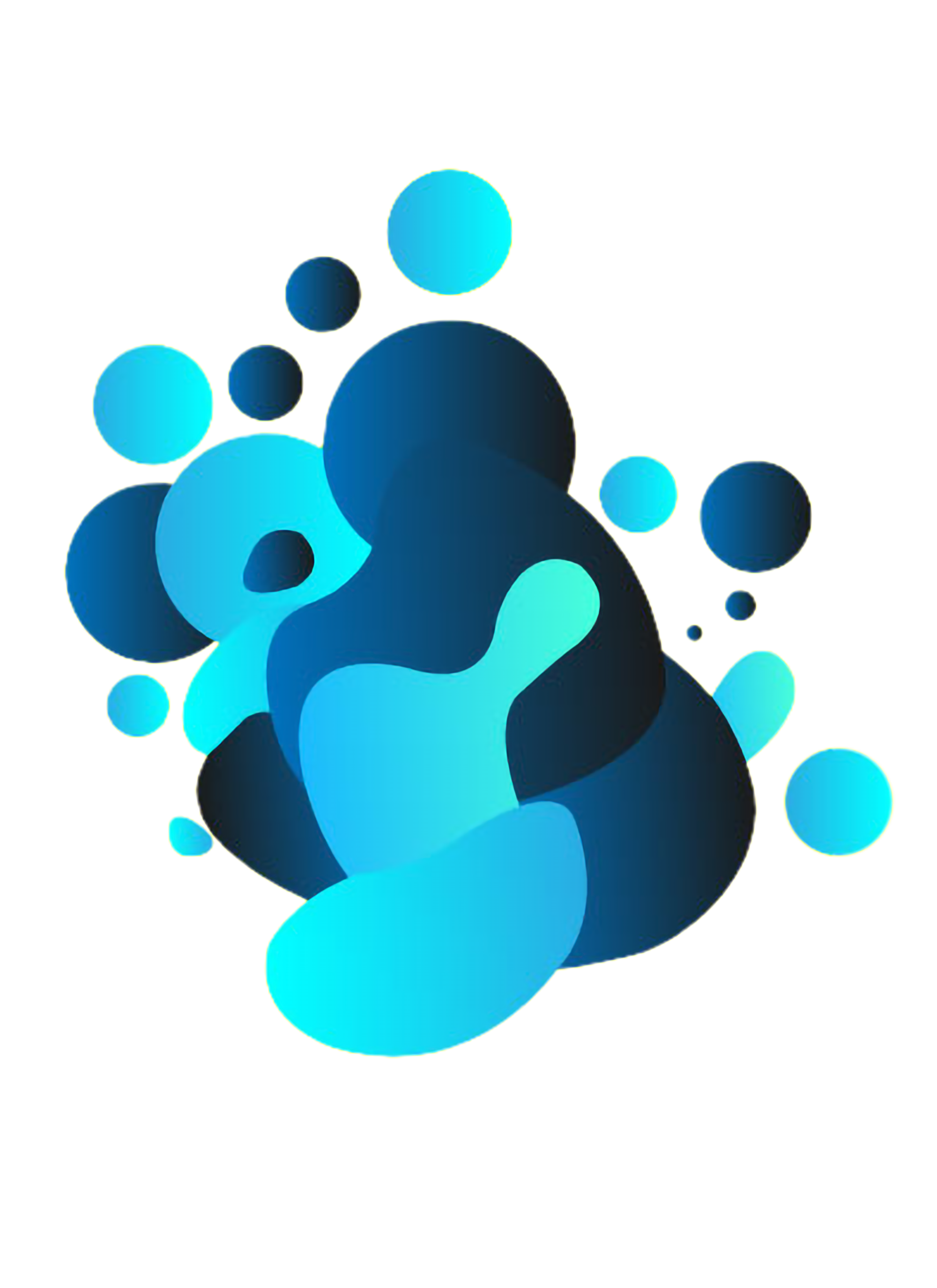 Abstract digital artwork with overlapping blue and teal circles of varying sizes on a black background, some circles with gradient shading, creating a dynamic pattern.