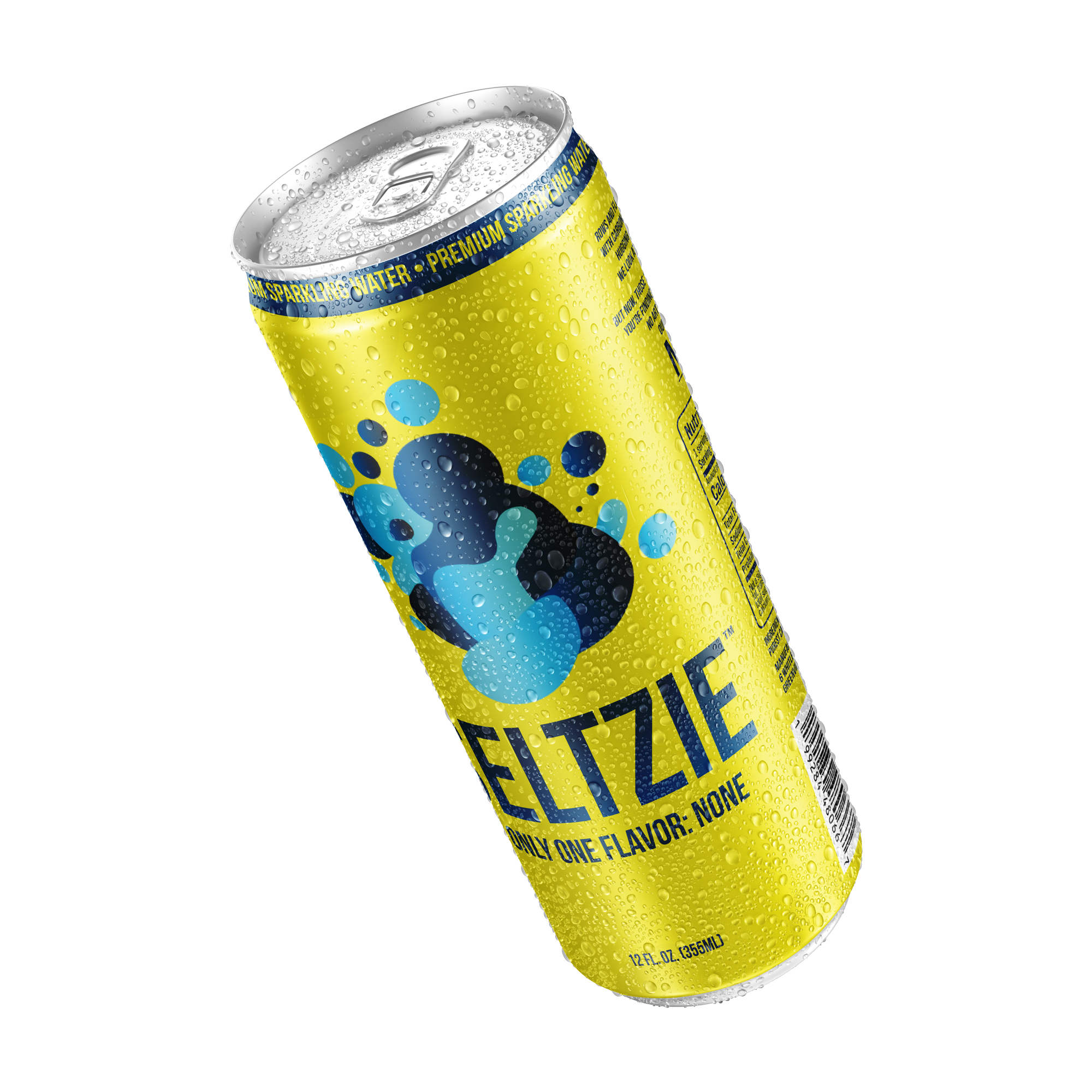 A can of Blitzie sparkling water with a yellow background, blue, black, and light blue bubbles graphic, water droplets on the can, and text indicating it is flavorless and 12 fluid ounces.