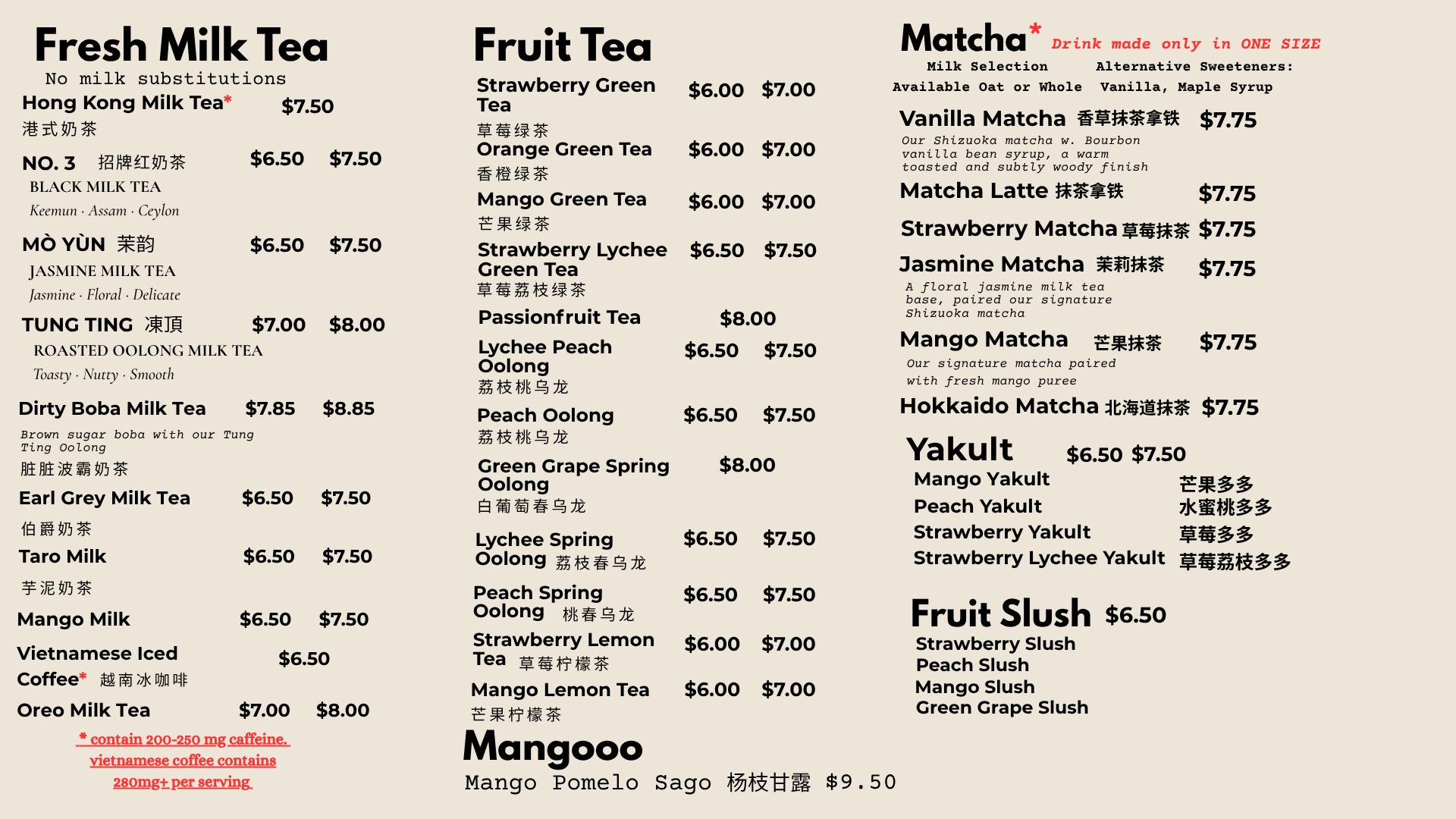 Menu of tea options, including Fresh Milk Tea, Fruit Tea, Matcha, and Fruit Slush, with prices and descriptions.