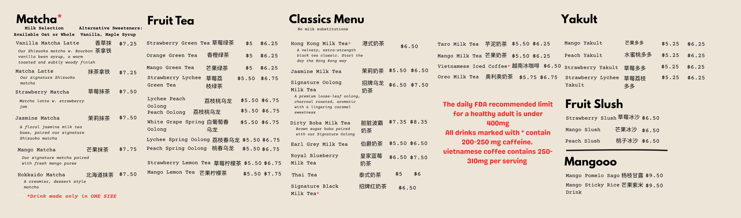 Menu board with sections for Matcha, Fruit Tea, Classics, Yakult, Fruit Slush, and Mangoo. Descriptions and prices listed in US dollars, with notes about caffeine content and recommended limits.