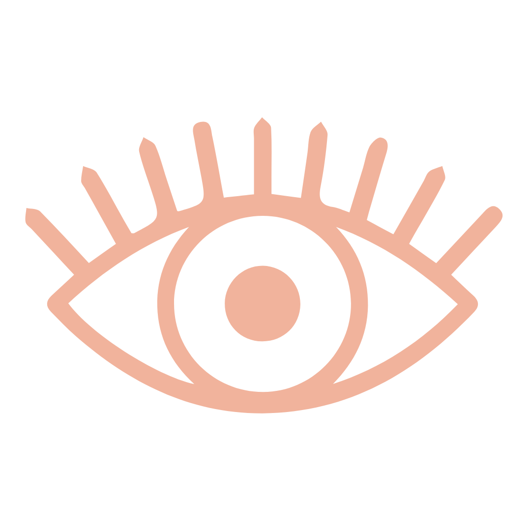 Minimalist line drawing of an eye in pink color. The eye has long eyelashes and a round iris.