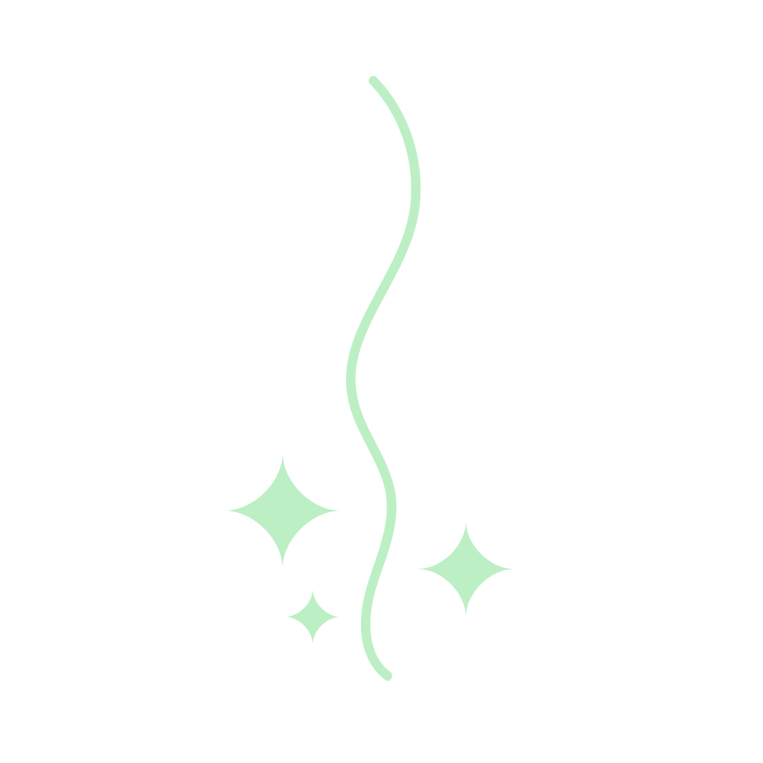 A black background with a green wavy line and four sparkling star-like shapes around it.
