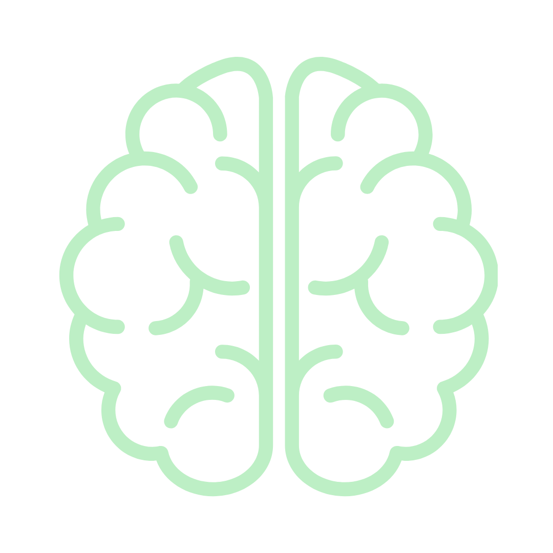 Light green outline of a human brain on a black background.