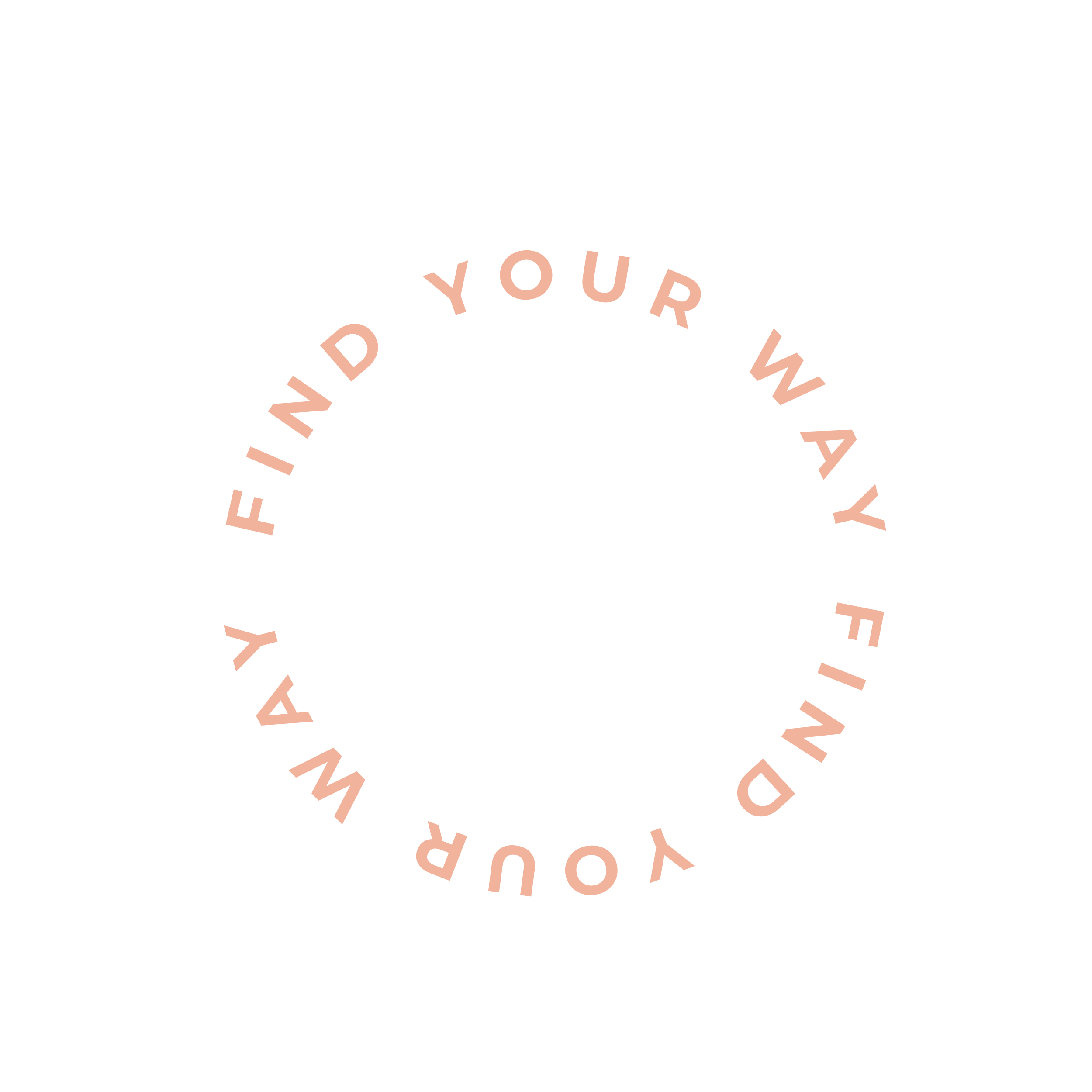Circular text saying 'WALK YOUR WAY. FIND YOUR WAY' on a black background with pink lettering.