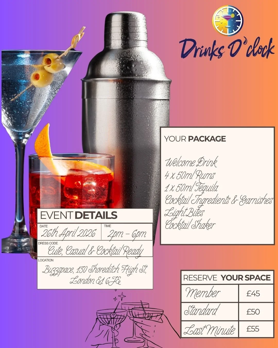 Event poster for a drinks event on April 26th, 2026, from 2 pm to 6 pm at Buzzspace, London. Features various cocktails, a silver cocktail shaker, and hands holding glasses. Includes a menu for welcome drinks and cocktail ingredients, with reservation options and pricing.