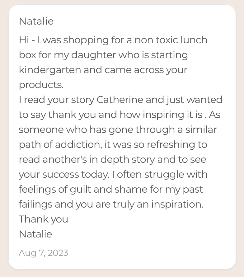 Screenshot of a message from Natalie thanking someone for sharing their story and inspiring her, acknowledging her own struggles with addiction, and expressing gratitude.