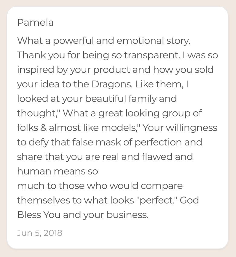 Screenshot of a heartfelt message to Pamela, praising her transparency, emotional story, and her inspiring approach to beauty and authenticity. Dated June 5, 2018.