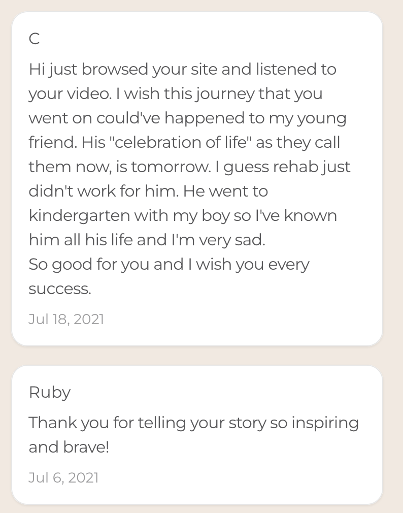 Screenshot of two text messages, one from July 18, 2021, expressing condolences and sadness over a young friend's death, and another from July 6, 2021, thanking Ruby for her inspiring story.