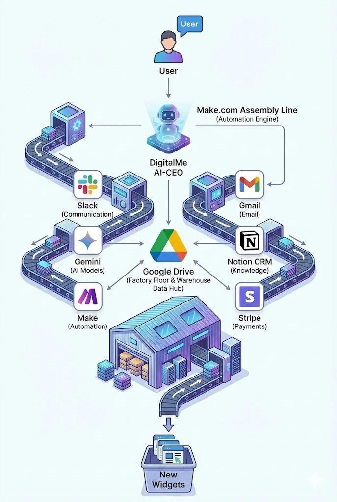 AI Factory Diagram showing Make.com, ChatGPT, Slack, Notion, Gmail,