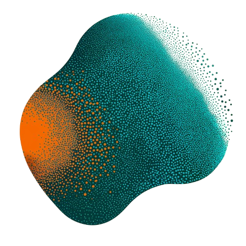 Abstract 3D geometric shape with a gradient color transition from orange on the left to blue on the right, containing dotted texture.