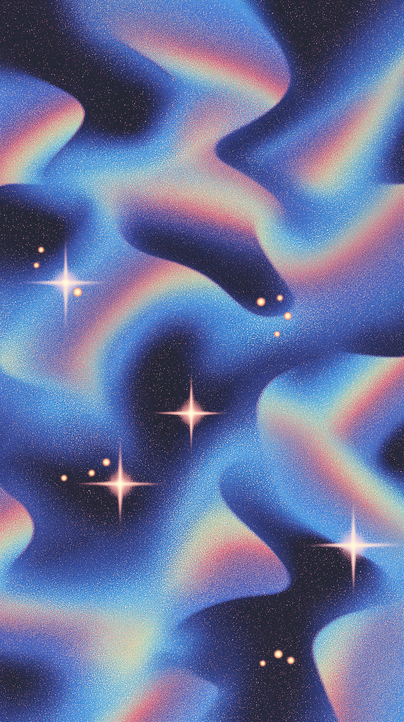 Abstract, colorful cosmic scene with rainbow-like nebula and bright stars.