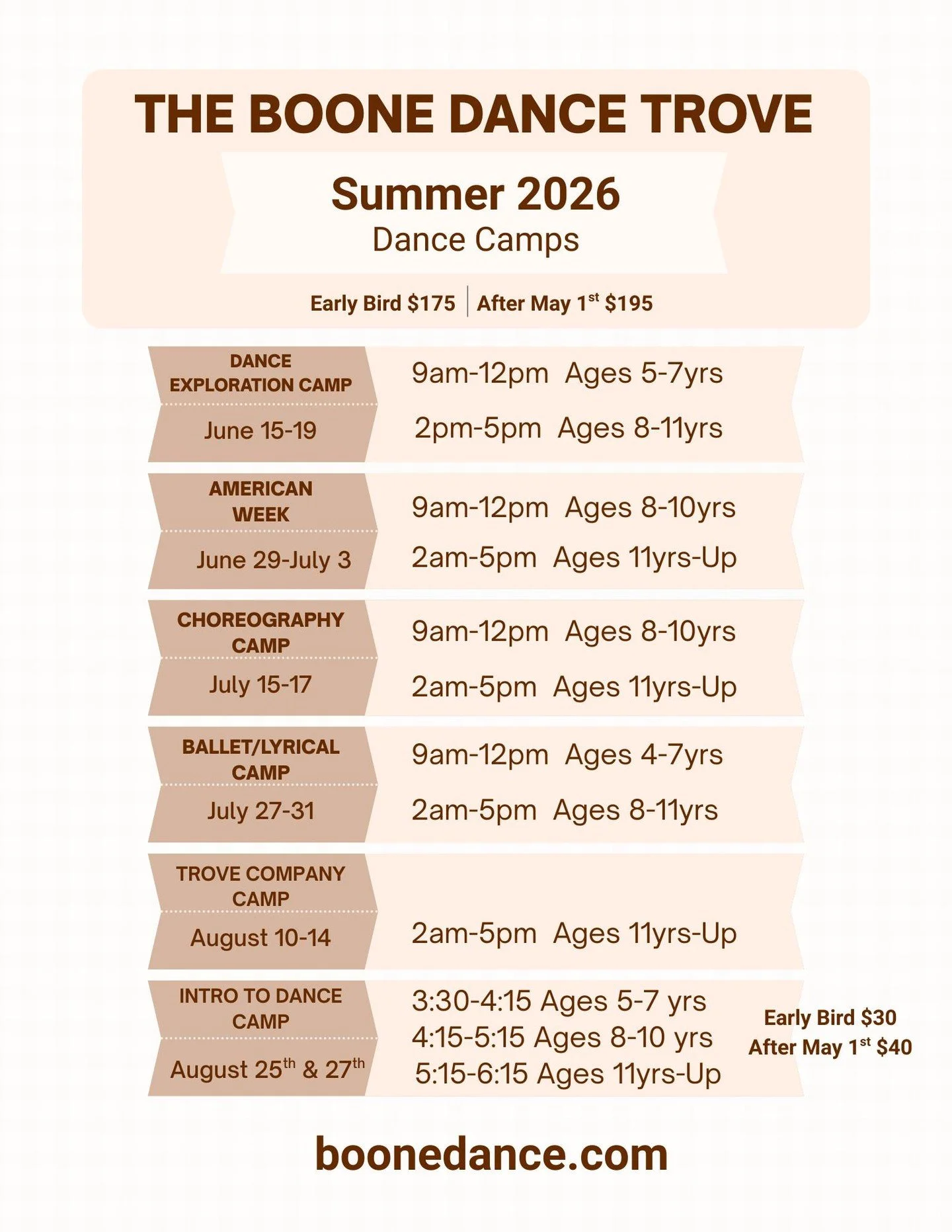 Check out our summer camps!  We cannot wait for the warmer weather and we would love to have your dancer join us! 

To register go to Boonedance.com