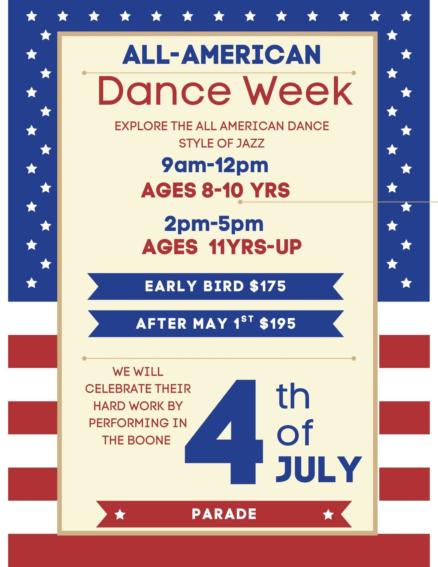 Join us for an All-American Dance Camp where dancers explore classic American dance styles and celebrate their hard work by performing in the 4th of July parade! 🇺🇸✨ Register now at boonedance.com