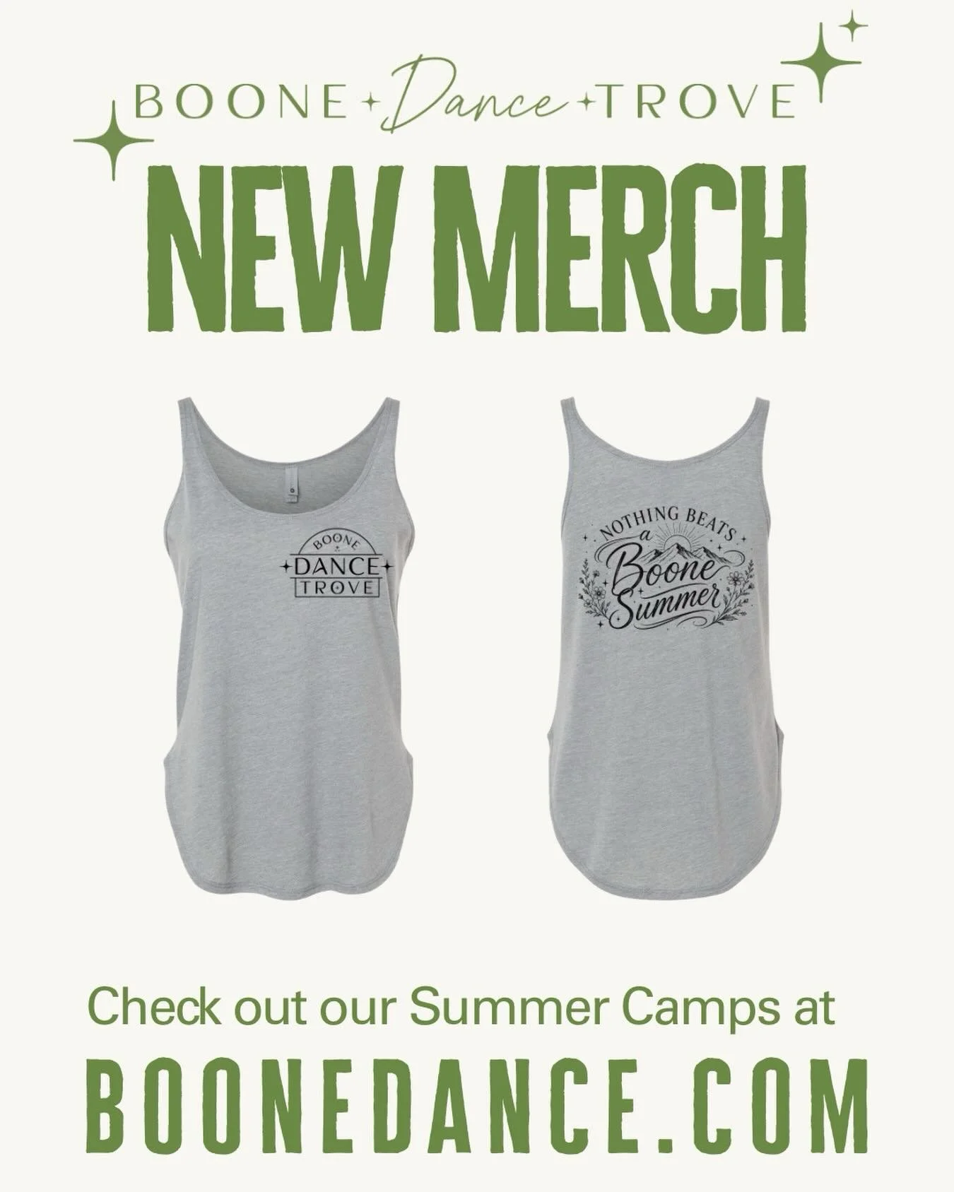Our new camp tanks have arrived, and we couldn&rsquo;t be more excited!

Register for summer camp at boonedance.com and get yours today!