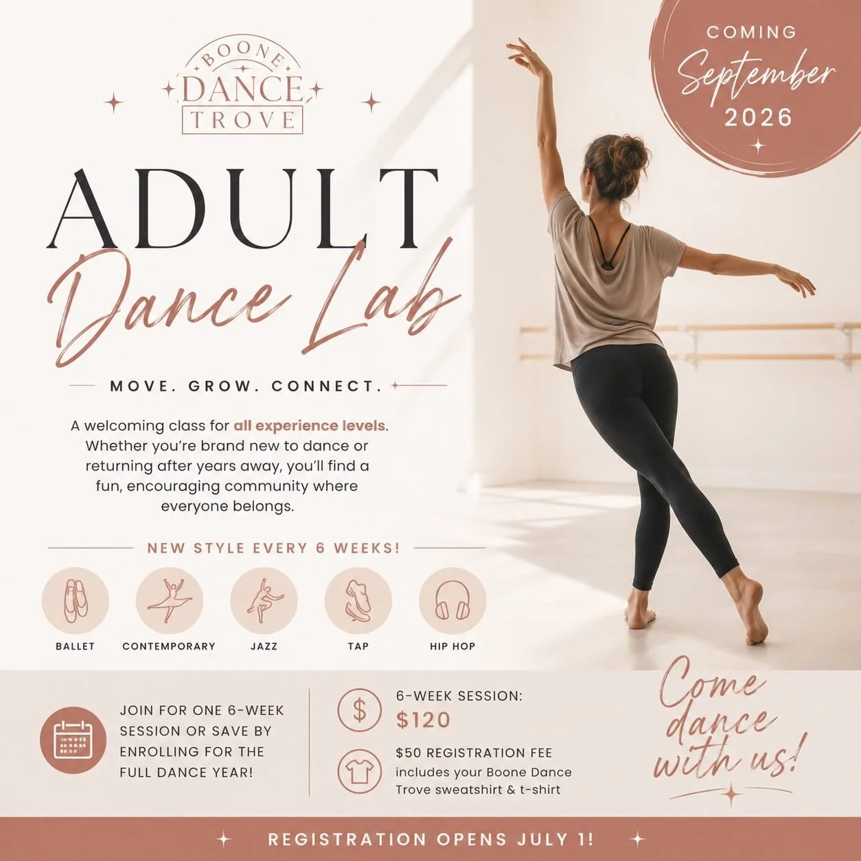 Adult Dance Lab is Coming to Boone Dance Trove! 
Coming September 2026
Have you always wanted to dance... or maybe you&rsquo;re ready to get back into it?
Adult Dance Lab is a welcoming class for all experience levels. Whether you&rsquo;re stepping i
