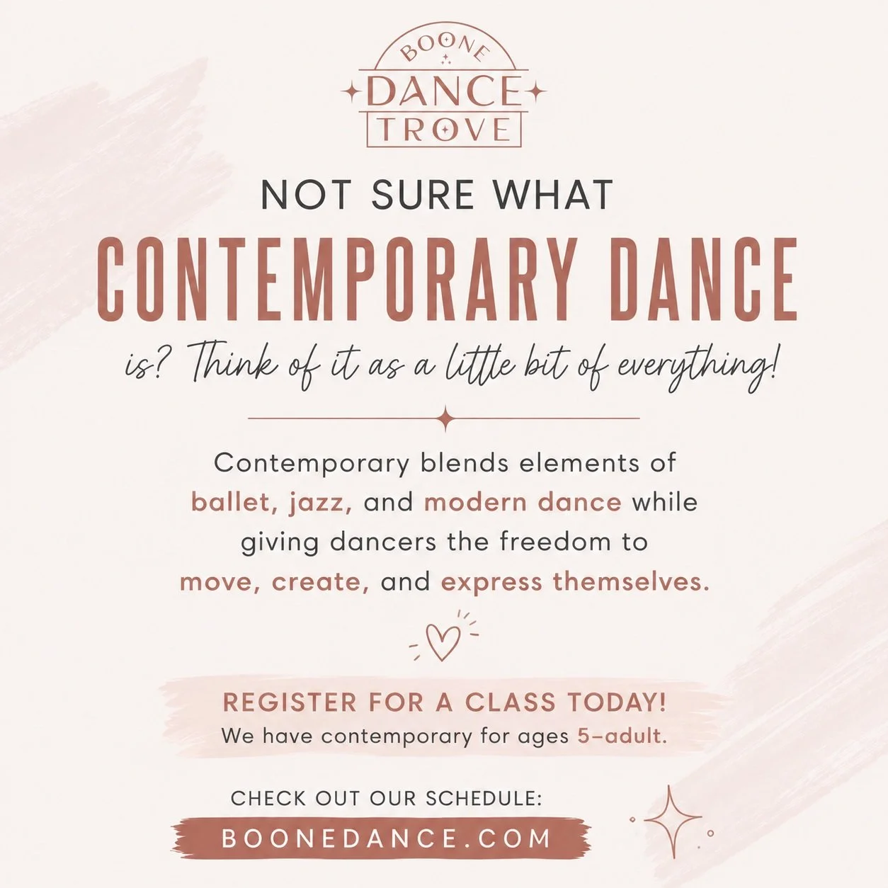Not sure what contemporary dance is? Think of it as a little bit of everything!

Contemporary blends ballet, jazz, and modern dance while giving dancers the freedom to move, create, and express themselves. It&rsquo;s a great style for dancers who lov