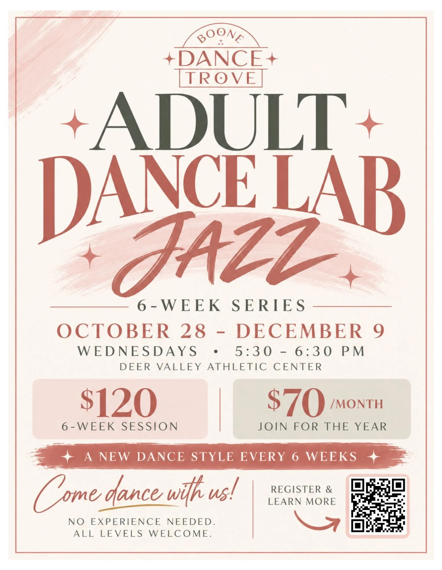 Adult Dance Lab: JAZZ is coming!

Our next 6-week series starts October 28, and we want YOU to come dance with us!

No experience needed. All levels are welcome. Grab a friend, come have fun, and enjoy an hour of dancing each week.

October 28 &ndash