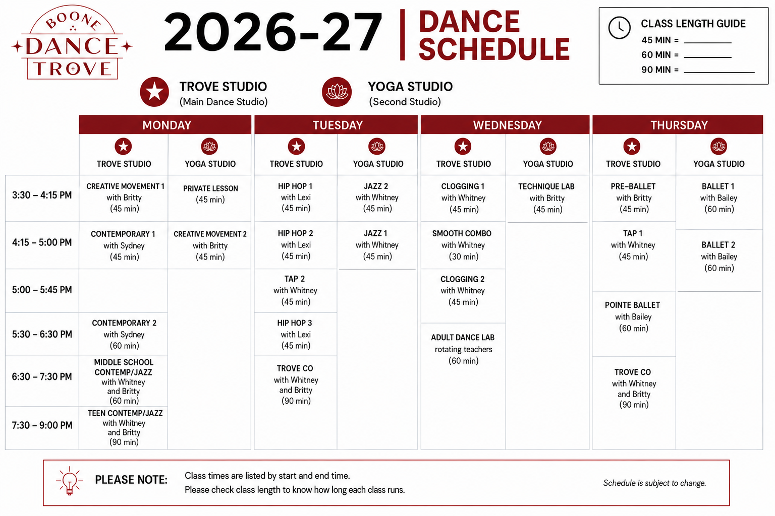 2026-27 dance schedule poster showing classes at Boone Dance Trove studio and yoga studio. Classes listed for Monday through Thursday with times, class names, instructors, and durations, including categories like creative movement, contemporary, hip hop, jazz, tap, ballet, pointe, and adult dance labs. Schedule notes about class times and lengths.