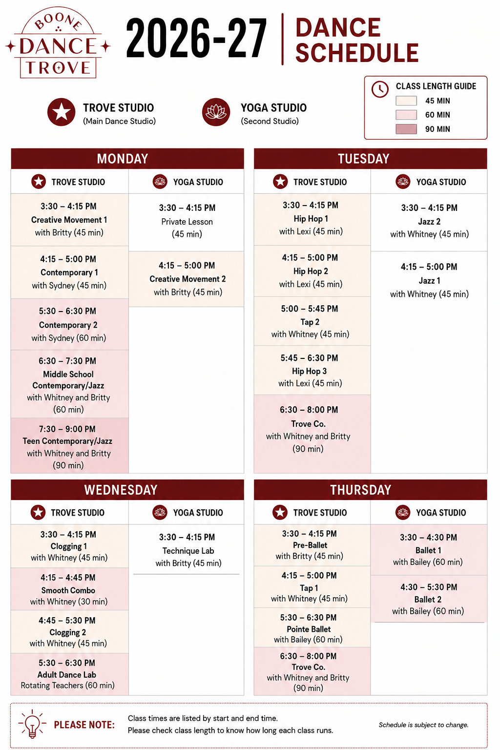 Boone Dance Trove 2026-27 dance schedule featuring classes in Trove Studio and Yoga Studio from Monday to Thursday, with class times, titles, instructors, and duration.