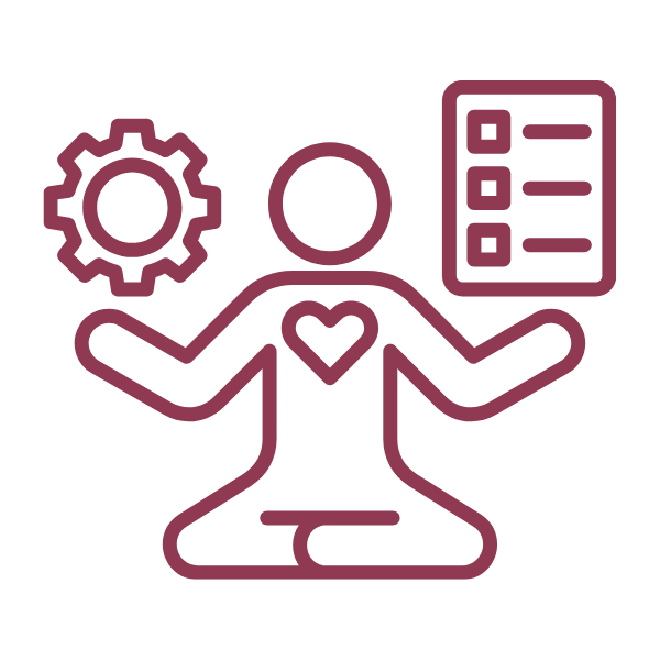 Line drawing of a person sitting cross-legged with a heart on their chest, holding a gear in one hand and a checklist in the other.