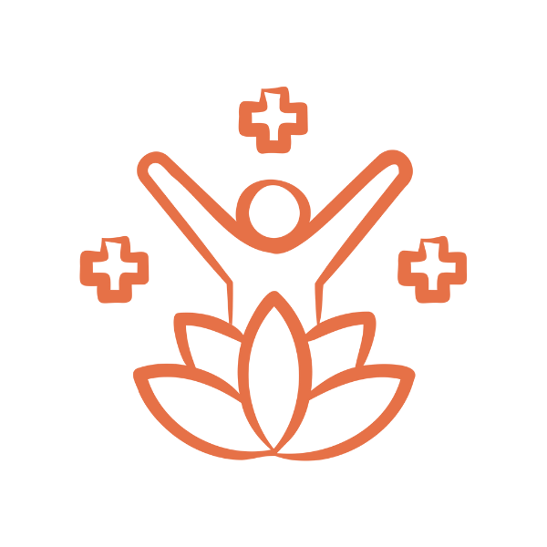 An abstract line drawing of a person with arms raised, sitting on a lotus flower, surrounded by medical cross symbols, representing wellness and health.
