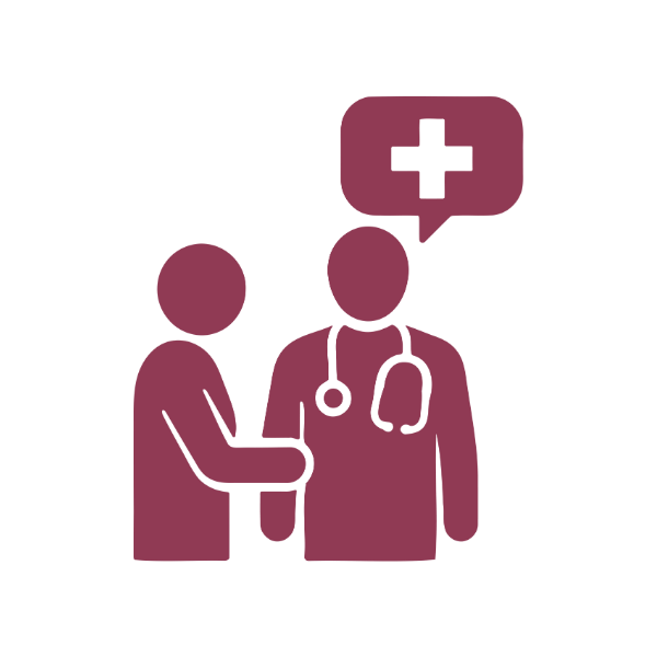Illustration of two healthcare workers, one with a stethoscope, and a speech bubble with a medical cross, representing healthcare or medical assistance.