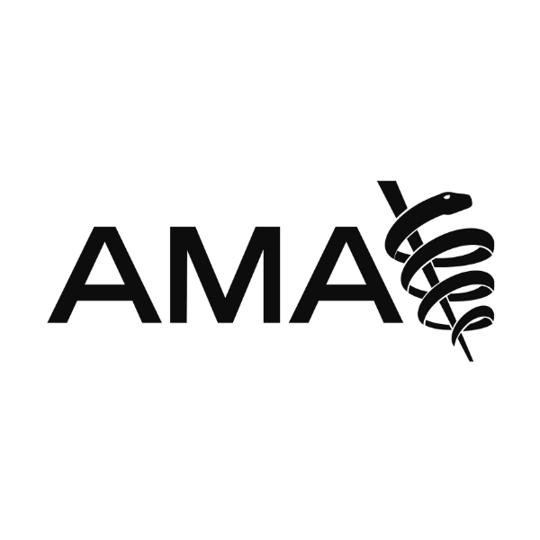 Black background with the word 'AMA' and a caduceus symbol.