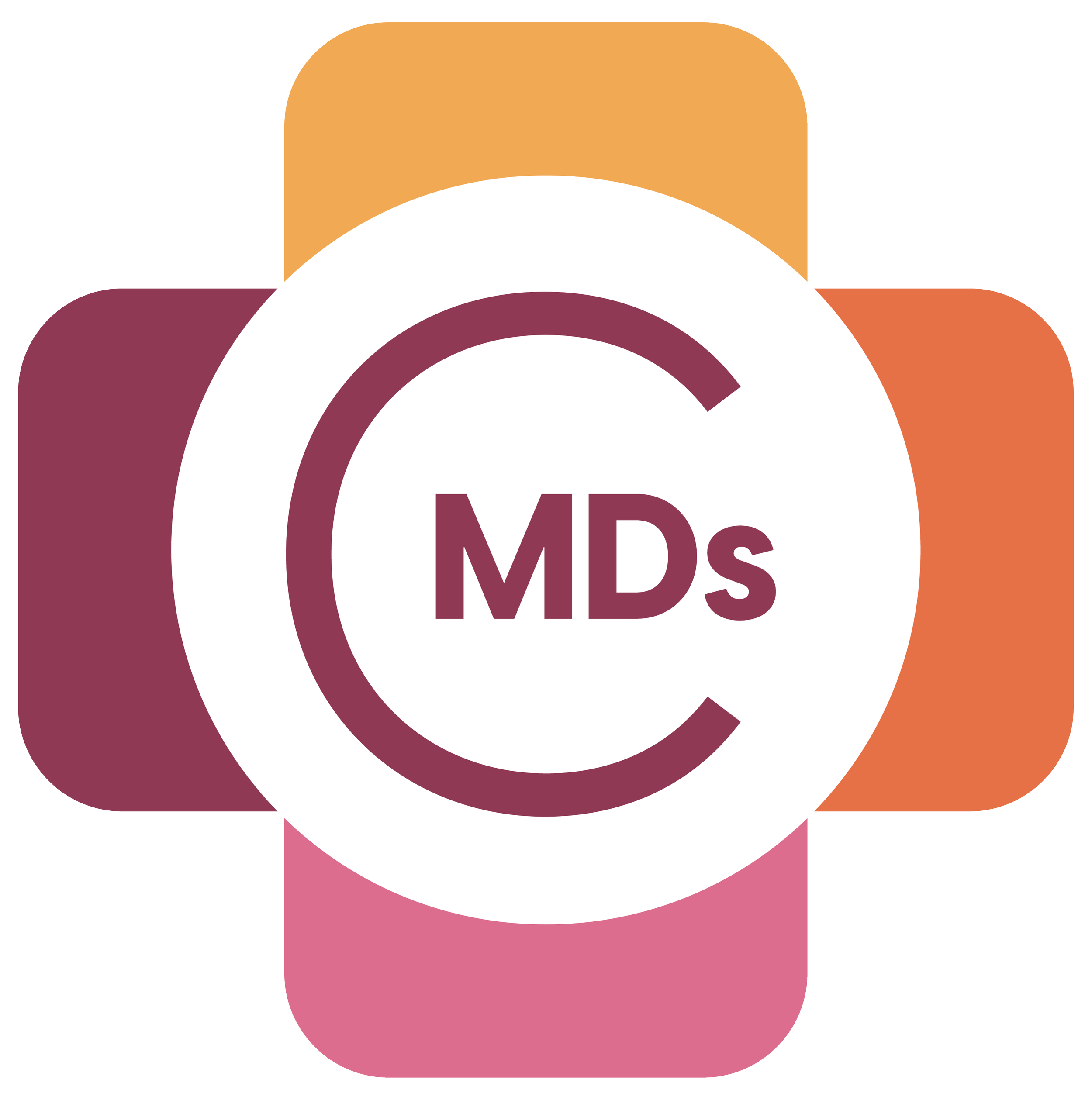 Colorful logo with overlapping rounded rectangles in orange, pink, maroon, and dark red, with a white circle in the center containing the letters 'MDs' in bold purple text.