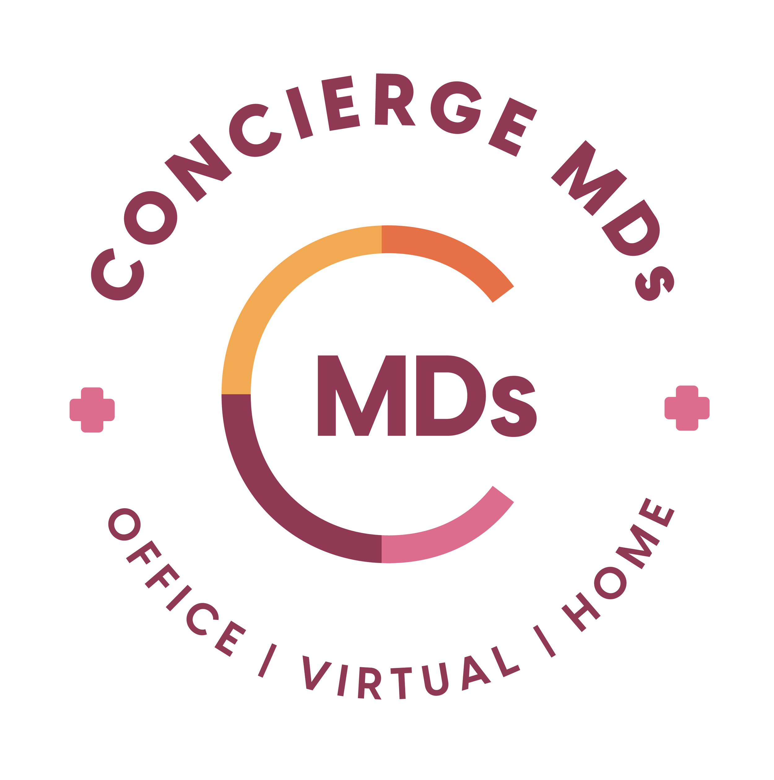 Logo for the Concierge MD's, a healthcare service operating in office, virtual, and home settings, featuring a circular design with a color gradient C in the center, surrounded by text.