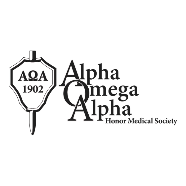 Logo of Alpha Omega Honor Medical Society with a shield emblem, Greek letters, and stylized text.