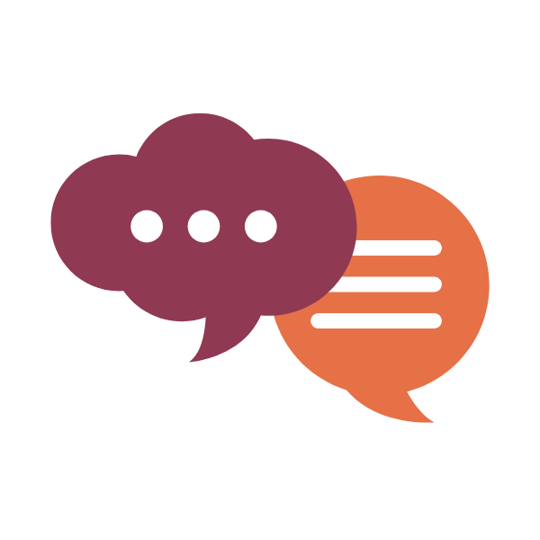 Two overlapping speech bubbles, one purple with three white dots, and the other orange with white lines, representing communication or conversation.