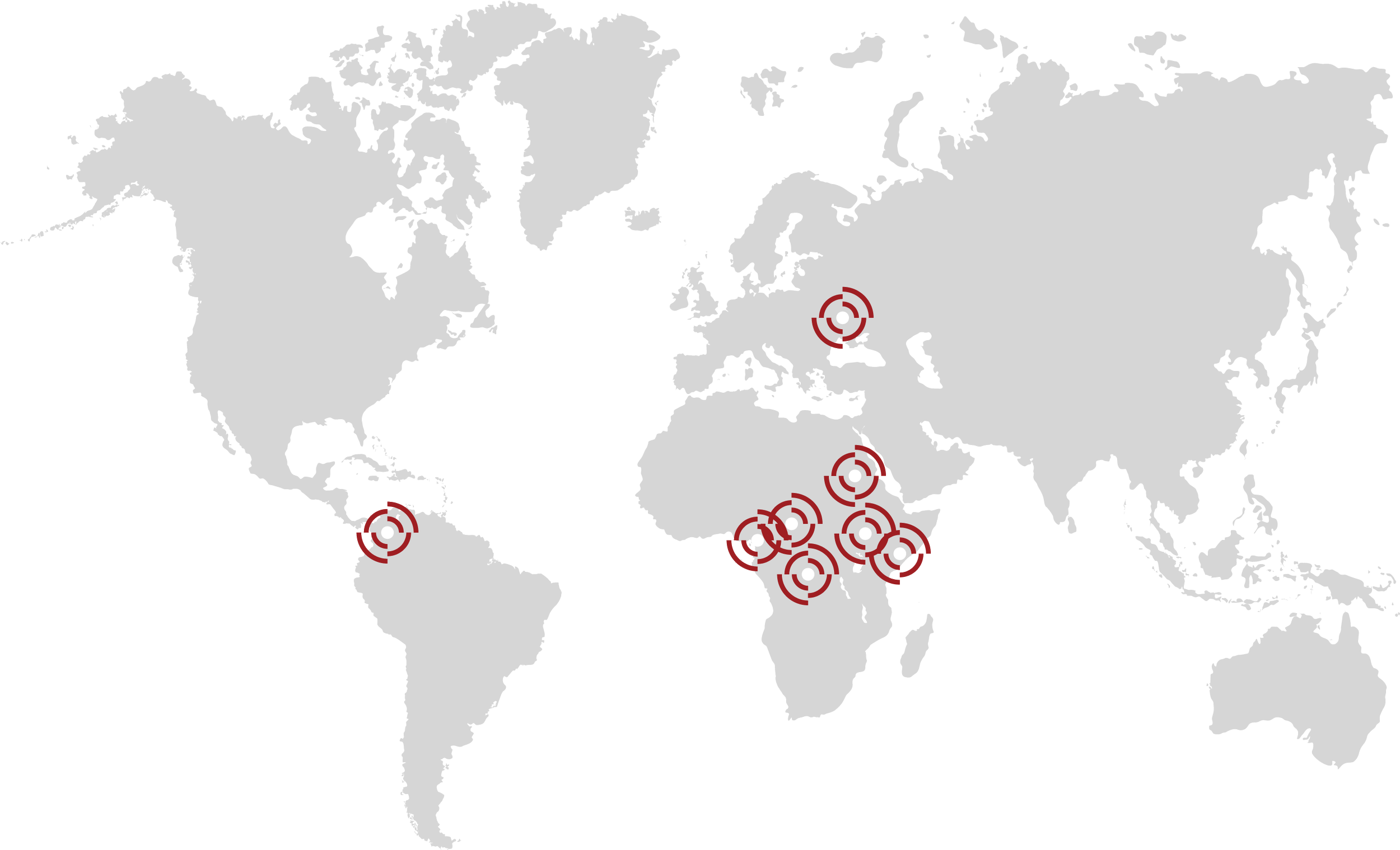 World map with multiple red target markers in Greece, Turkey, Greece, and several countries in Africa.