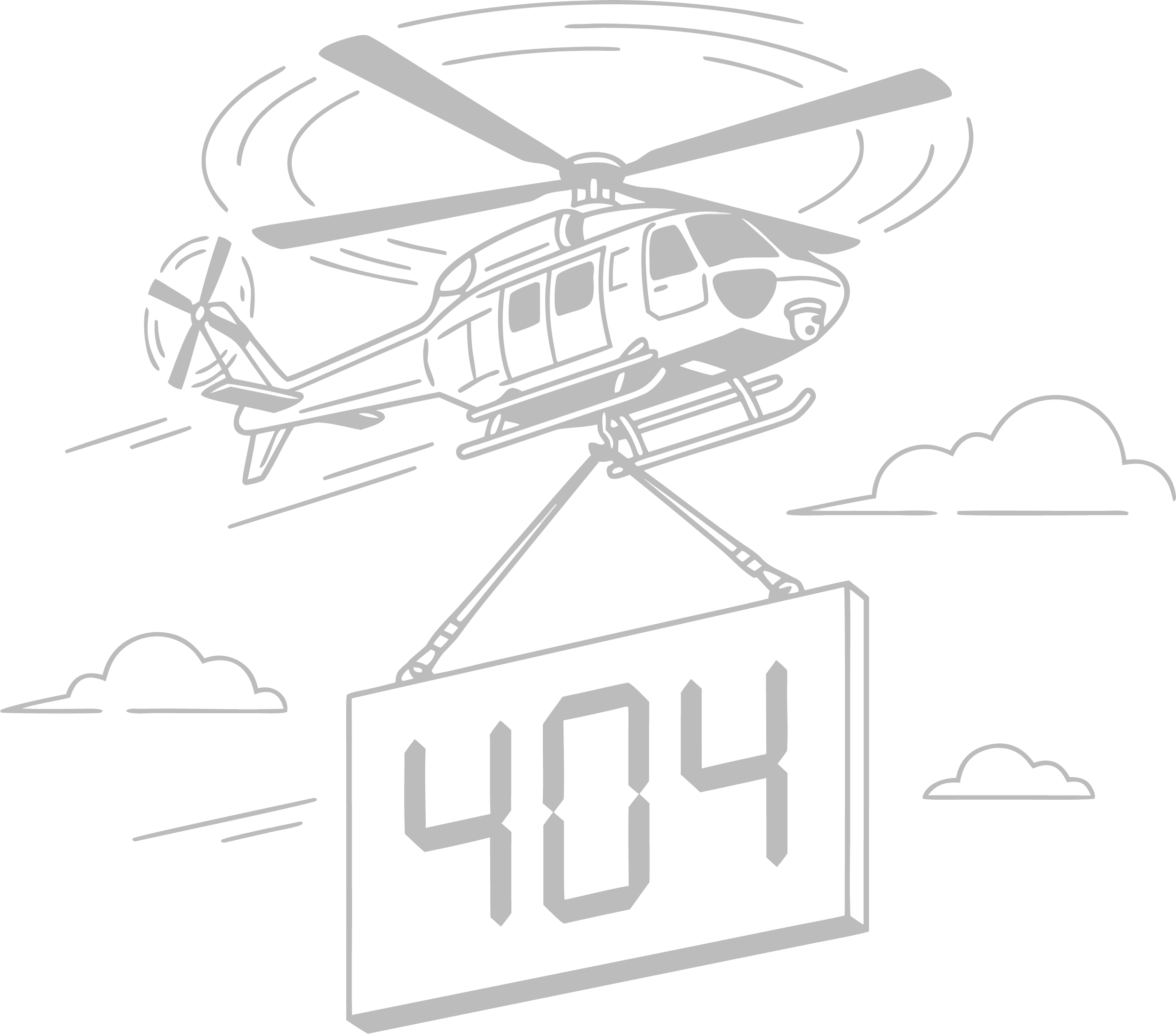 Illustration of a helicopter carrying a sign displaying "404" in the sky with clouds around.