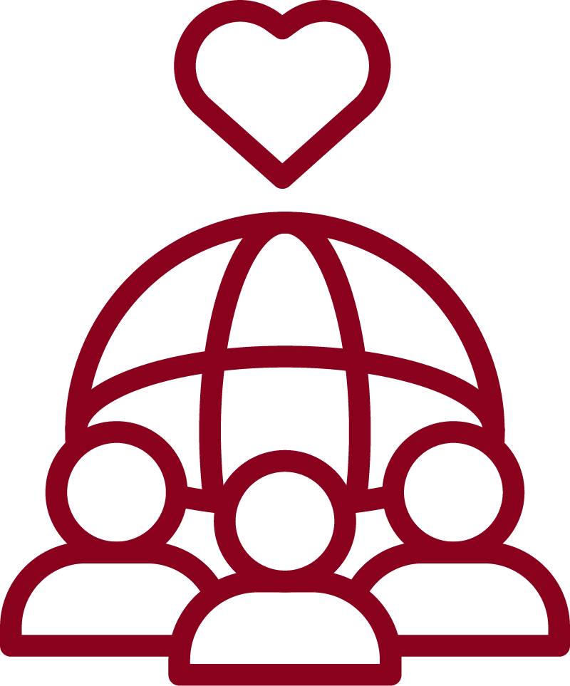 Icon of three people under a shared globe with a heart above it.