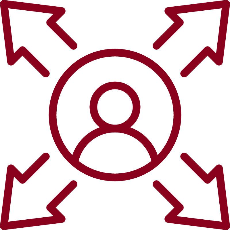 Icon of a person at the center with arrows pointing outward in all four directions.