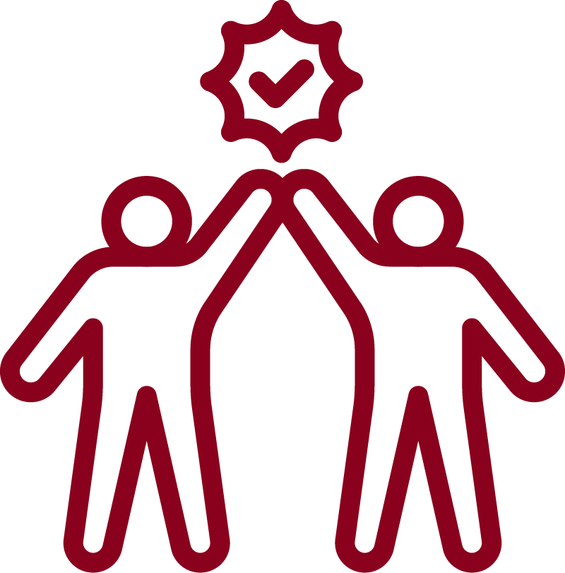 Two human figures with their arms raised holding an emblem of a checkmark.