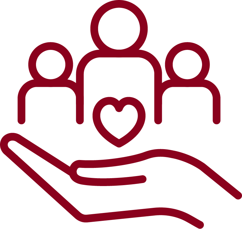 Outline of a hand holding a heart, with three human figures behind it in a row.
