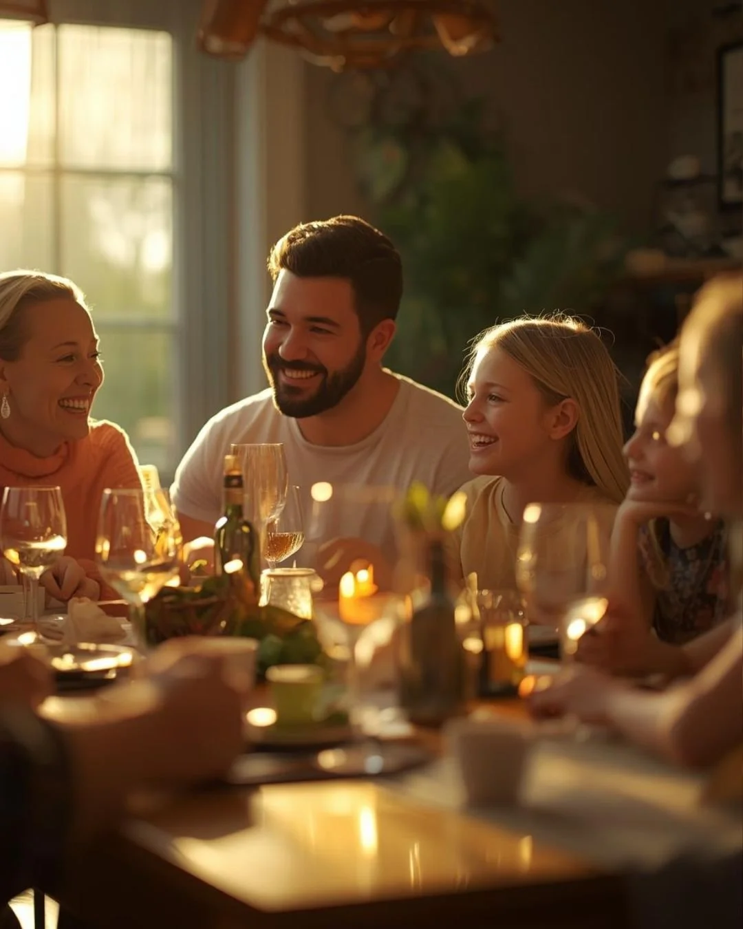 Family gathering around a dinner table, smiling and enjoying each other's company during a meal.