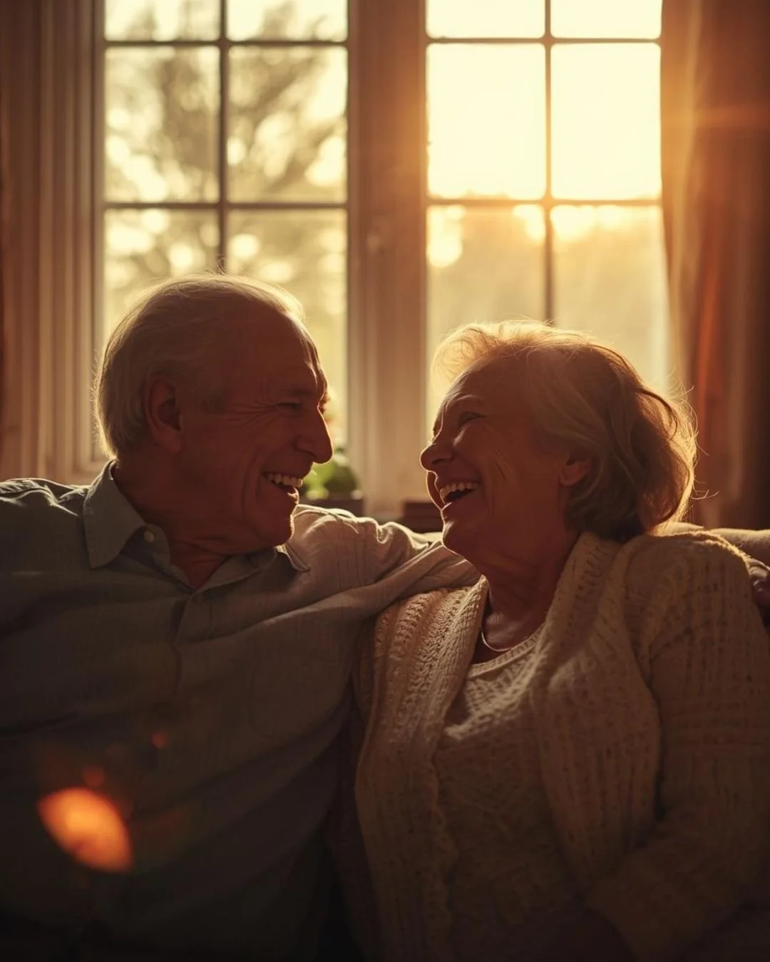 An elderly couple sitting on a couch, smiling and laughing together in a warmly lit room with large windows and sunlight streaming in.