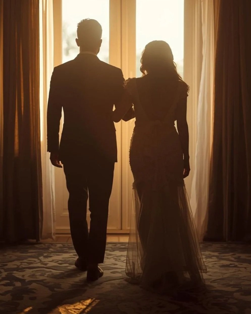 Silhouette of a man and woman holding hands and walking toward a bright window, with curtains on the sides.