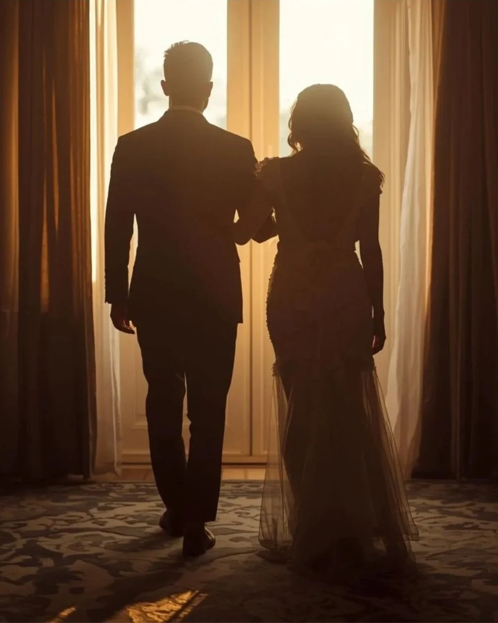 Silhouettes of a man and woman in formal attire walking arm in arm toward a bright window, with curtains on both sides, warm ambient lighting, and a patterned carpet.