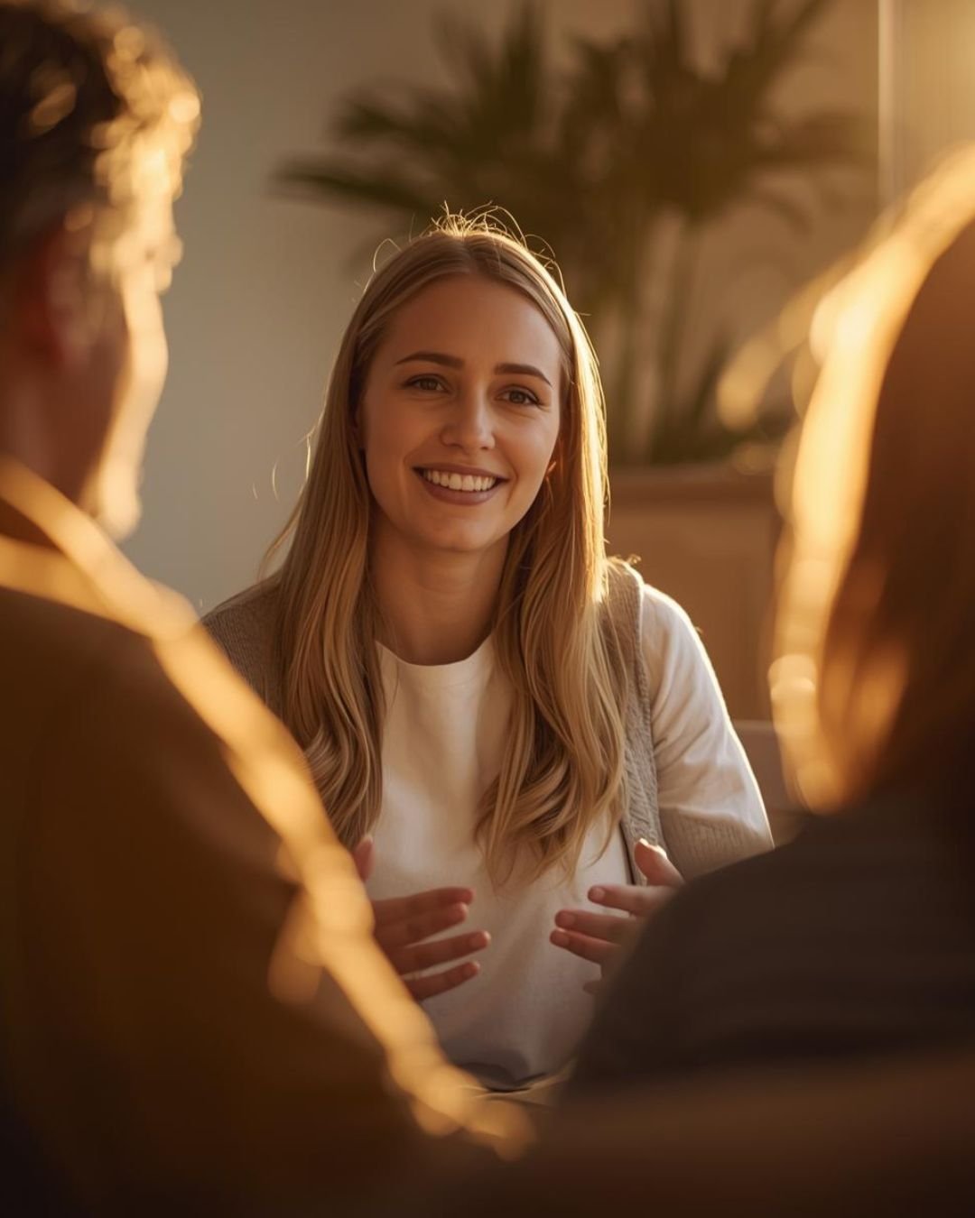 A young woman with long blonde hair smiling and engaging in a conversation with two people whose backs are turned to the camera, in a warmly lit indoor setting with a plant in the background.