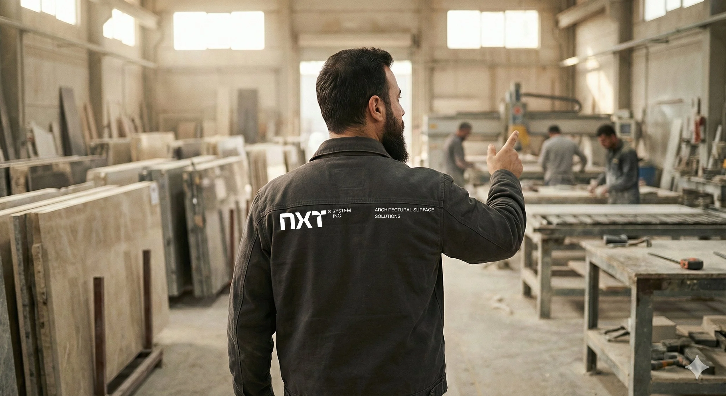 Man with dark hair and beard pointing in a workshop with large wooden or stone slabs and workers in the background.